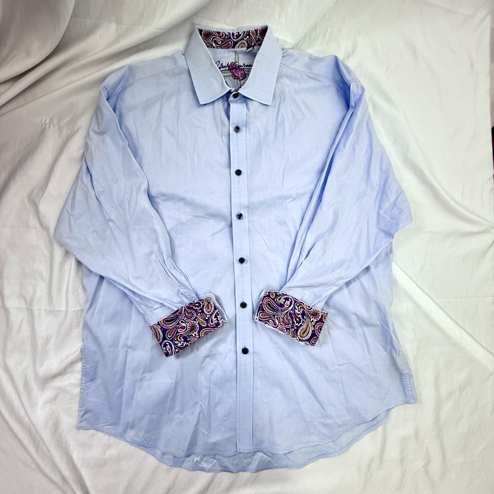 Robert Graham Button Down Mens 3XL Blue Textured Paisley Flip Cuff Long Sleeve